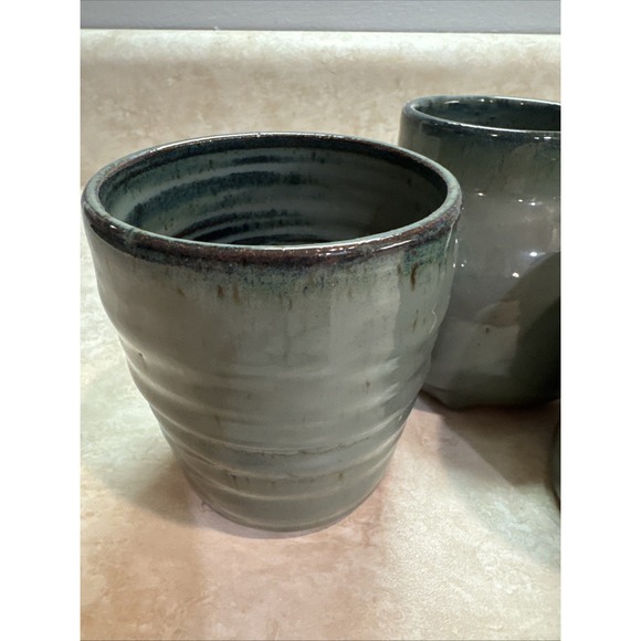 Set Of 3 Drip Green & Blue Multi Color Glaze Art Studio Pottery Vases. Signed - Picture 2 of 9